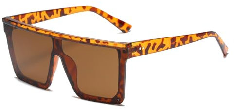 Long Keeper Übergroße Sonnenbrille mit flacher Oberseite, quadratische Sonnenbrille für Damen und Herren, verspiegelt, randlos, großer Rahmen, modische Schattierungen, UV400-Schutz, Leopardenrahmen,