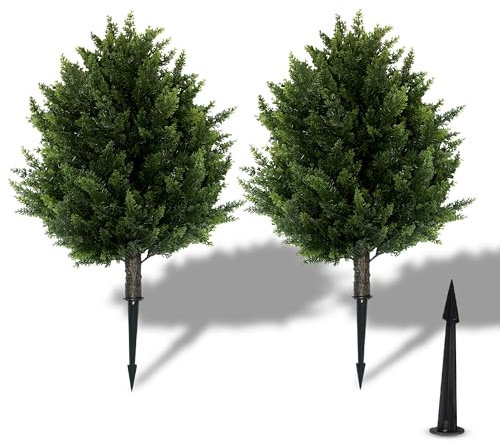 Artificial Cypress Topiary Tree, Indoor Outdoor UV-Resistant Plant Decor, 16.5 Inch Height, Lifelike (2)
