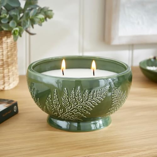 New Olive Leaf & Fern Round Multi Wick Candle Displayed in Decorative Vessel Long Lasting Burn Time28 Hours Olive Leaf & Fern Fragrance Indoor Home Decor
