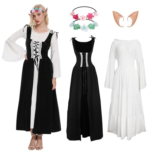 YRTBGD Mittelalter Kleidung Damen,Renaissance Kleid mit Elfenohren Waldelfen Kopfschmuck-Halloween Karneval Kostüm Damen