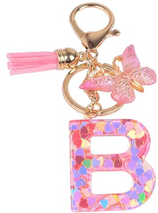 YPYMOD Lnitialen Schlüsselanhänger Quaste Schmetterling Pailletten Liebe Brief Schlüsselanhänger,Rosa(B)
