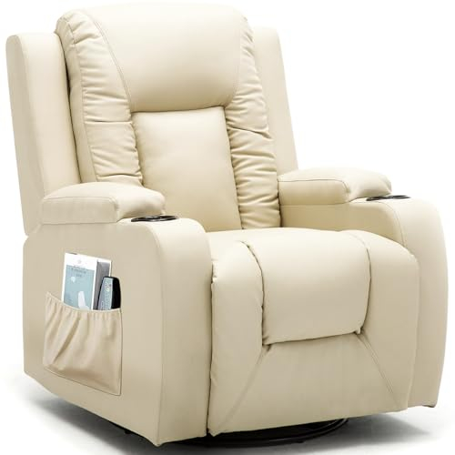 COMHOMA Relaxsessel mit Verstellbarer Rückenlehne und Fußstütze, 360° drehbarer Loungesessel aus PU-Leder mit Getränkehaltern und Seitentaschen, ergonomische Ganzkörperunterstützung, Beige
