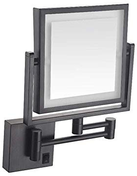 LED Lighted Wall Mounted Makeup Mirror with 3x Magnification USB Rechargeable Extendable Arm Built in Lithium Battery Square Black Vanity Mirror for Bathroom Shaving 20X20cm