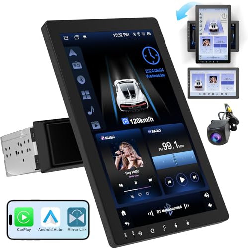Haudio Single Din Car Stereo with Screen,Flip Up 10 Inch Android Car Radio,Carplay Screen for Car Wireless with Bluetooth,Voice Control,GPS Navagation and Reversing Camera