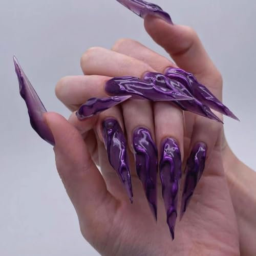 MouyouGlow Press on Nails Extrem Lang,Stiletto Halloween Magic Mirror Lila 3D Wavy Feuer Gothic Fake Nails mit Nagelkleber,Purple Fire Künstliche Fingernägel