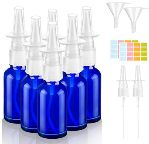 6 Stück Nasenspray Flasche Leer, 20ml Glas Nasensprayflasche, Wiederverwendbar Nasen Sprühflaschen, Nachfüllbare Zerstäuber mit Düsen Trichter Etiketten für Parfüm Atherische Kochsalzlösung (Blau)