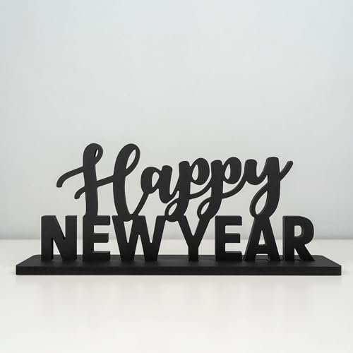 ebenkunst | Silvesterdeko - Happy New Year Schriftzug | 35.5 x 14.4 cm Tischdekoration aus Holz, Schwarz, 10mm stark, Neujahrs-Aufstelldeko innen, Fensterbild