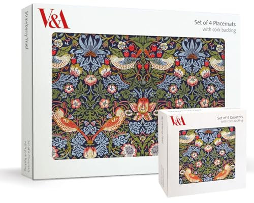 Museums & Galleries Cork Backed Placemats and Coasters Set of 4 Wipeable Heat Resistant - William Morris Strawberry Thief Design - V&A Statement Table Mats for the Home