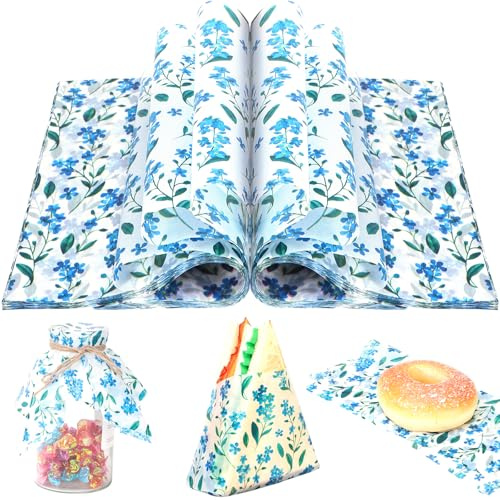 150 Sheets Blue Forget Me Wildflower Deli Paper, 9.8 x 8.3'' Blue Forget Me Grass Print Grease Proof Food Deli Sheets Sandwich Wrapping Liners Food Wax Paper for Birthday Baby Shower Party Supplies