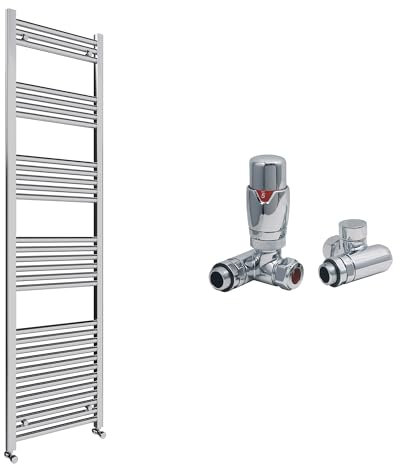 Chrome Bathroom Straight Heated Towel Rail Radiator 600 x 1800 & Dual Fuel Thermostatic Corner Valves
