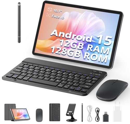 2025 Neueste Tablet, 10 Zoll, 12GB RAM+128GB ROM (1TB TF) mit Hülle, Stift, Tastatur und Maus, Octa-Core, 1280x800 HD, 6000mAh(mit NTC), Widevine L1, 8MP+5MP, 2.4G+5G WiFi, GPS (Android 15)