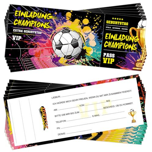BETESSIN 12x Fussball Einladungskarten Kindergeburtstag Junge - Coole Fußball Eintrittskarte Einladungen Kindergeburtstag Jungs - Geburtstagseinladungen für Jungen & Mädchen