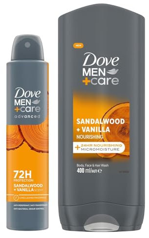 Dove For Men Sandalwood and Vanilla Bundle ofAntiperspirant 72H Sweat Protection Men's Deodorant Spray 200ml with 24H Nourishing 3in1 Body, Face and Hair wash 400ml