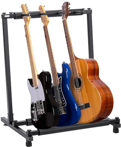 Soporte Guitarra de suelo para 3 instrumentos | Rack plegable universal para guitarra eléctrica, acústica o bajo | Estructura metálica resistente con protección de espuma y montaje sin herramientas