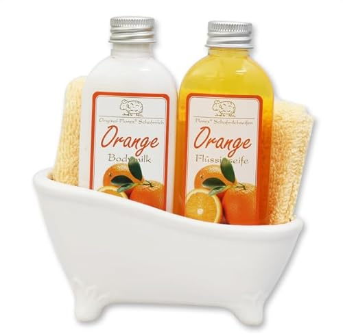 Geschenkset mini Badewanne mit 75g Schafmilchseife Flüssigseife (Duschgel) und 75 ml Bodylotion aus Schafmilch mit Waschlappen - Duft wählbar (Orange)