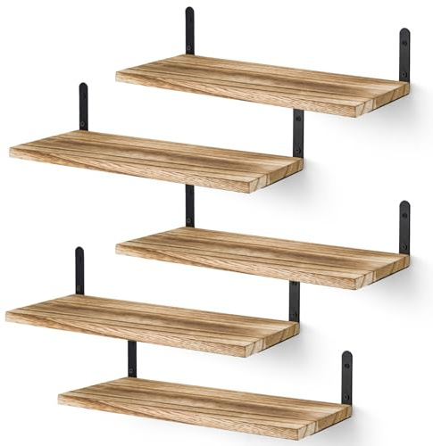 GreenWhim Floating Shelves Set of 5, Wooden Wall Shelf with Metal Brackets – 43 × 15 cm, 1.5 cm Thick – Rustic Wall Mounted Shelves Set for Bedroom, Living Room, Bathroom, Kitchen