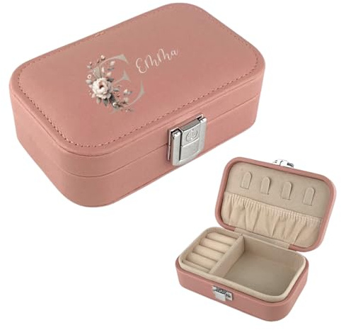 AWASG Schmuckkästchen personalisiert klein, Schmuckbox Reise Damen Mädchen, Schmuckschatulle Schmuckaufbewahrung mit floralem Buchstabe Name S (12 x 7,5 x 4 cm) rosa