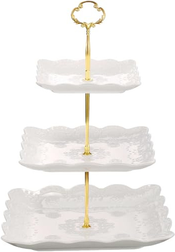 Houbobo 3 Tier Porcelain Cake Stand, Square Dessert Cupcake Stand Tower with God Rod, Ceramic Tiered Serving Tray for Tea Party/Birthday/Wedding