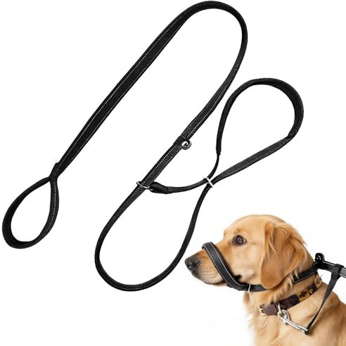 Figure 8 Dog Lead, 180cm Anti Pull Padded Nose Slip Rope Black | Soft Handle, Nose Support, Adjustable, for Training Medium Large Dogs