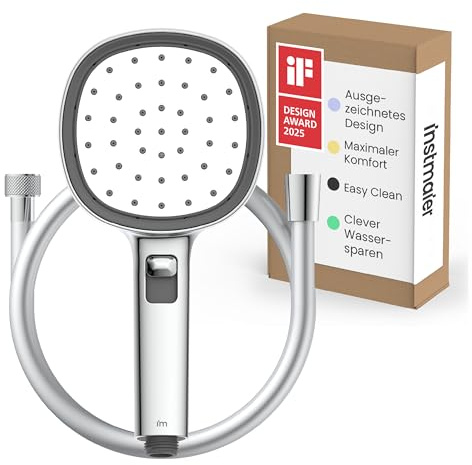 instmaier Cleo | Handbrause | Duschschlauch | iF Design Award |Chrom/Weiß | Duschkopf mit Duschschlauch | 2 Strahlarten | Duschbrause mit Schlauch | Wasserstopp | Brausekopf | Badewannenbrause