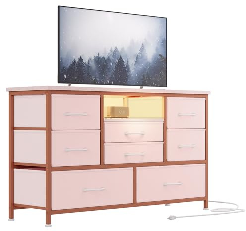 RBFGYIOP Cassettiera TV spaziosa con 8 cassetti, presa di corrente e luci LED regolabili - Mobile contenitore per TV fino a 55'' - Perfetto per camera da letto o soggiorno - Top in legno - Colore rosa
