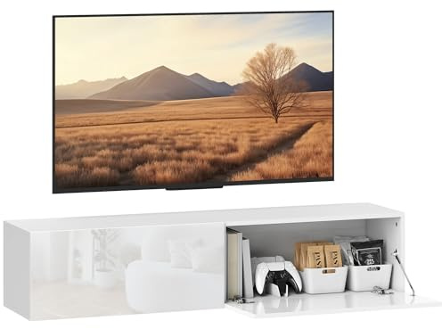 HOMCOM Mobile TV Sospeso per Televisori 45-55-65 Mobile Porta TV con 2 Armadietti con Ante a Ribalta per Salotto, Soggiorno e Camera da Letto 140x33x29.8 cm Bianco Lucido