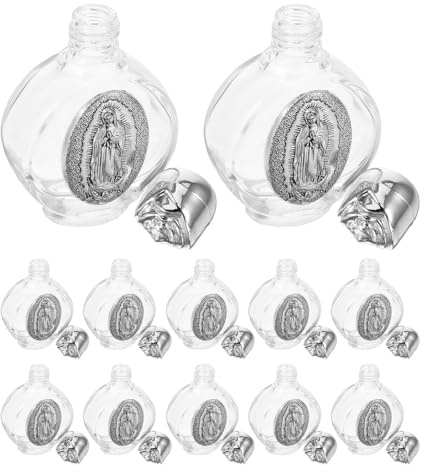 NUOBESTY 12 Pièces Bouteille D'eau Bénite en Verre 15ml Rechargeable Motif Fleur de Rose, pour Baptême et Célébrations Religieuses Chrétiennes