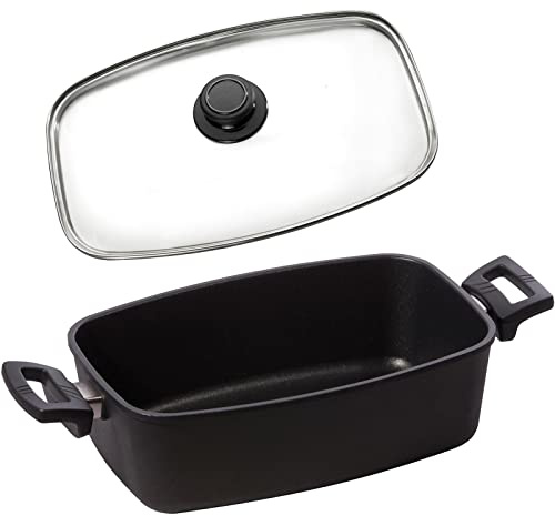 Eurolux Guss-Bräter Set mit Glasdeckel (Edelstahlrand) 33 x 22 cm - kleiner ofenfester Universal-Multibräter mit Antihaft-Beschichtung - 5.0 Liter - ohne Induktion - Made in Germany