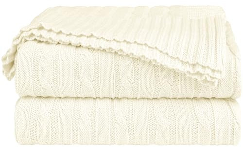 sourcing map Cotton Cable Knit Throw Blanket Soft Throw Couch Covers Decors Knitted Blankets for Sofa Bed, Beige Full(70 x 78)
