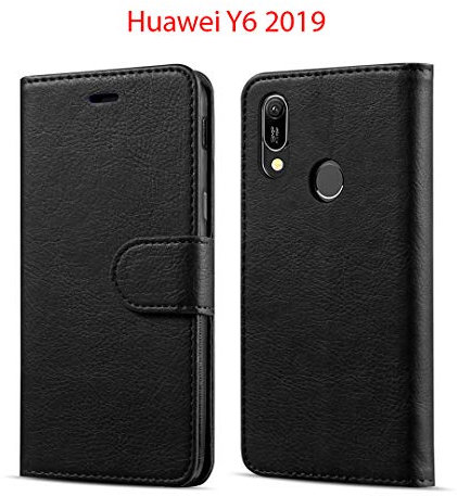 New&Teck Coque Huawei Y6 2019 Housse Etui Portefeuille Cuir Multifonction, Fermeture Magnétique à Clapet Anti-Choc Noir