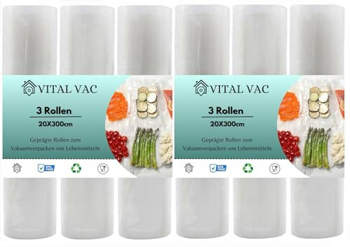 VITAL VAC 6 Rollos Gofrados de 20x300 cm | Para Bolsas de Envasadora al Vacío de Alimentos | Reutilizables | Válidos para Conservación, Congelación, Microondas y Cocción Sous Vide