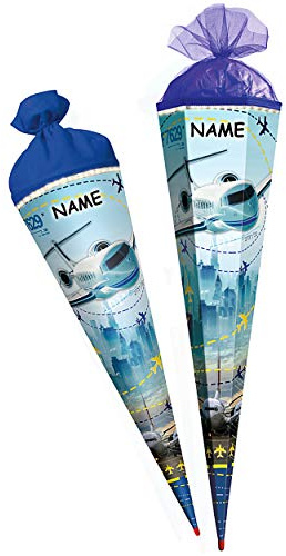Schultüte - Flugzeug & Flughafen - 85 cm - mit Holzspitze - 6 eckig - incl. Name - Tüllabschluß - Zuckertüte - Roth - Jungen Junge - Helikopter Fahrzeug Hubsc..
