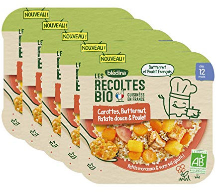 Blédina Les Récoltes Bio - Repas Bébé Bio dès 12 Mois - 5 Plats Patate Douce Carottes Poulet - Dès 12 Mois - 5 Assiettes Bio de 230g