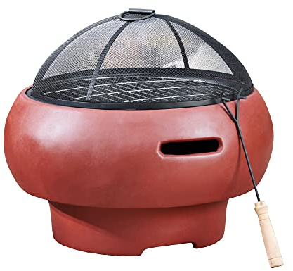 Teamson Home Outdoor Wood Burning Fire Pit, Small Round Fire Pit, Outdoor Chimenea, Firepit, Fire Bowl Log Burner with Poker, Grill and Lid, Red