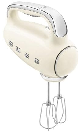 Smeg HMF01CRUK Hand Mixer with Turbo Function, 3 Attachments, LED Display, Retro 50's Style, 250W, Cream