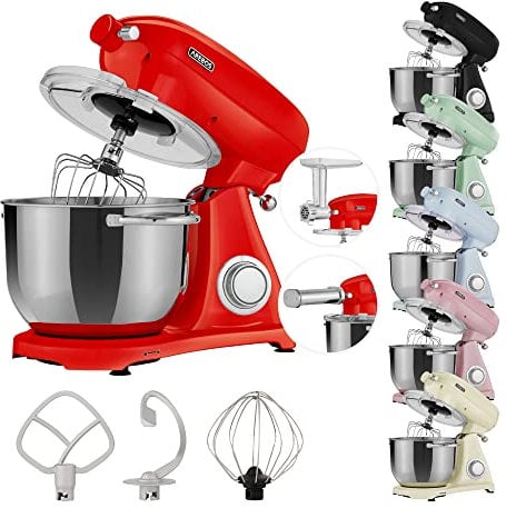 Arebos Robot Pâtissier Professionnel 1800W Retro | Rouge | Faible Bruit | Robot de Cuisine Multifonction avec Fouet, Batteur, Crochet | Bol d'Acier Inoxydable 6 Litres | 6 Vitesses