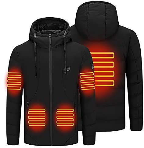 Susenstone Veste Chauffante électrique Homme et Femme Chauffant USB Vêtements Hiver Chaud Léger Manteau Doudoune Capuche avec 3 Niveaux de Chauffage,Interface USB, 5 Zone - le Noir, M