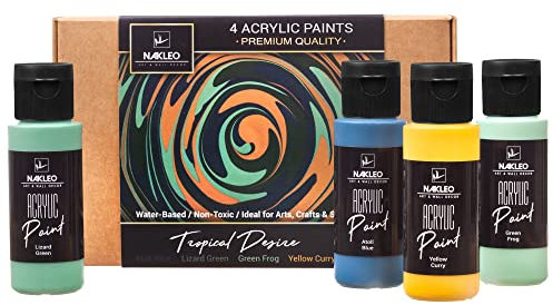 NAKLEO Lot de Peinture Acrylique, 4 Couleurs (60 ml, 2 oz) Tropical Desire Bleu Vert Jaune, Non Toxique à Base d'eau Mat, Fournitures d'art Bricolage, Pochoirs Mur Bois Toile Papier Tissu Pierre