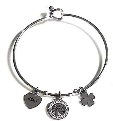 Bracciale rigido donna in acciaio personalizzato con pendolo cuore/corno portafortuna/corna/gufetto/quadrifoglio/zampa cane spedizione gratuita (albero della vita)