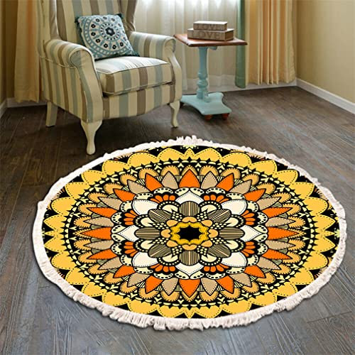 Runder Bohemian Teppich - Mandala Muster Mit Quasten, Waschbarer Baumwolle Teppich für Wohnzimmer Und Schlafzimmer (60cm, Gelb-Schwarz)