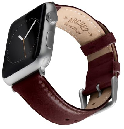 Archer Watch Straps - Uhrenarmbänder aus Hochwertigem Genarbtem Leder für Apple Watch (Mahagoni/abgestimmtes Garn, Silber, 40/41/42mm)