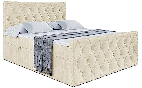 ALTDECOR Boxspringbett mit Matratze und Lattenrost, Boxbett, Fußteil, Topper, Polsterbett mit Bettkasten, Bett mit Stauraum H4-Matratze, Doppelbett, Springboxbett - Amay - 160x200 - Beige Monolith 04