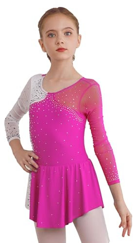 iEFiEL Mädchen Eiskunstlauf Kleid Langarm Glitzer Ballettkleid Swing Kleid Schaukel Tanzkleid Turnanzug Kinder Tanzkostüme Zd Rose 140