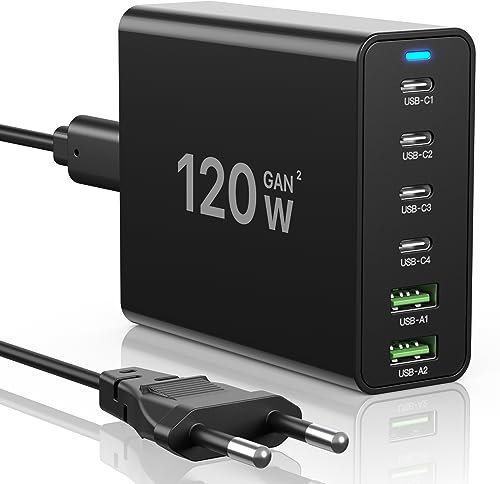 Chargeur USB C 120W GaN, Chargeur USB Multiple Chargeur PD,Station de Charge à 6 Ports Compatible avec iPhone/Samsung/Google/Xiaomi/Ordinateur Portable/Tablette et Autres appareils USB