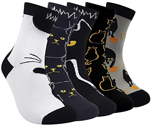 ZAKASA Chaussettes Fantaisie Femme Coton: Drôle Chaussettes Motif à Animaux Chat Chien Mignonnes Chaussette Doux pour Femmes Filles EU 35-41 Chat Noir-5 Paires