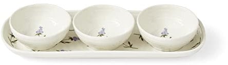 Portmeirion Sophie Conran Lavandula 4 Piece Bowl & Tray Set | Porcelain Chip & Dip Serving Set | White Small Serving Bowls for Side Dishes, Salsa, Appetizers | Serving Dishes for Entertaining