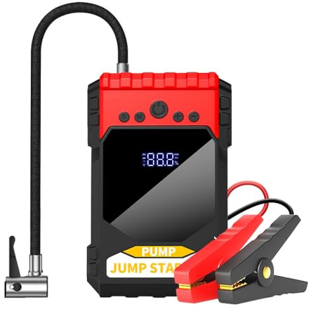 Shkalacar Starthilfe Powerbank mit Luftkompressor, Auto 8000mAh Batterie Booster mit 150 PSI Digitalem Reifenfüller, LED Licht,Dual USB Ausgang, für 5L Benzin oder 3L Dieselmotoren(Normaler Clip)