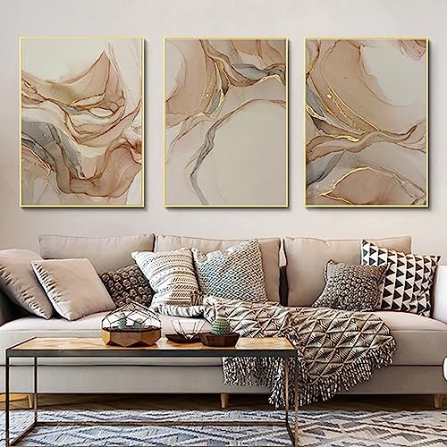 Leinwand Bilder 3er Set Beige Gold Bilder Set,Poster Set Marmor Bilder,Abstrakt Geometrisch Bilder Wohnzimmer Texturierte Marmor Wandbilder, Ohne Rahmen (C,40 x 60 cm)