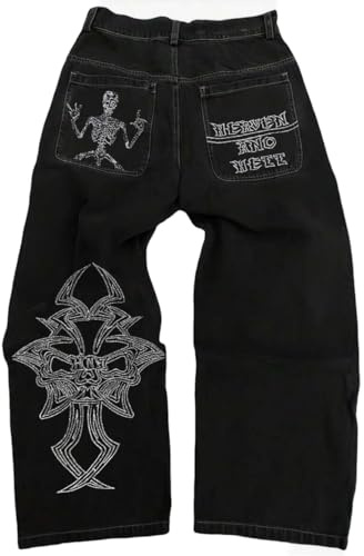 OATSBAS Baggy-jeans, Y2K-stil, säckiga jeans för kvinnor och män, denimbyxor, broderi med döskalle, jeans i gotisk stil, byxor med raka breda ben