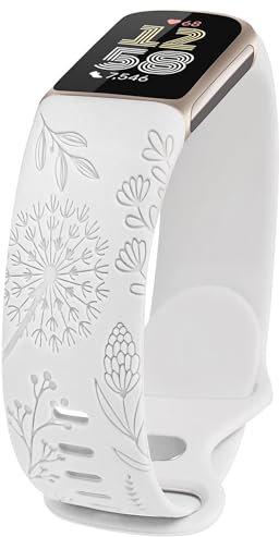 TOYOUTHS Löwenzahn Floral Gravierte Armband Kompatibel mit Fitbit Charge 6/Charge 5 Armband Damen, Frauen Blume Fancy Cute Weich Silikon Sport Solo Loop Armbänder für Charge 6, Weiß